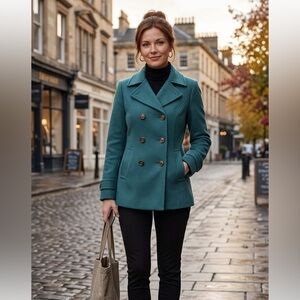 GUESS Pea Coat Womens Size M Teal Green Double Breasted Lined Pockets